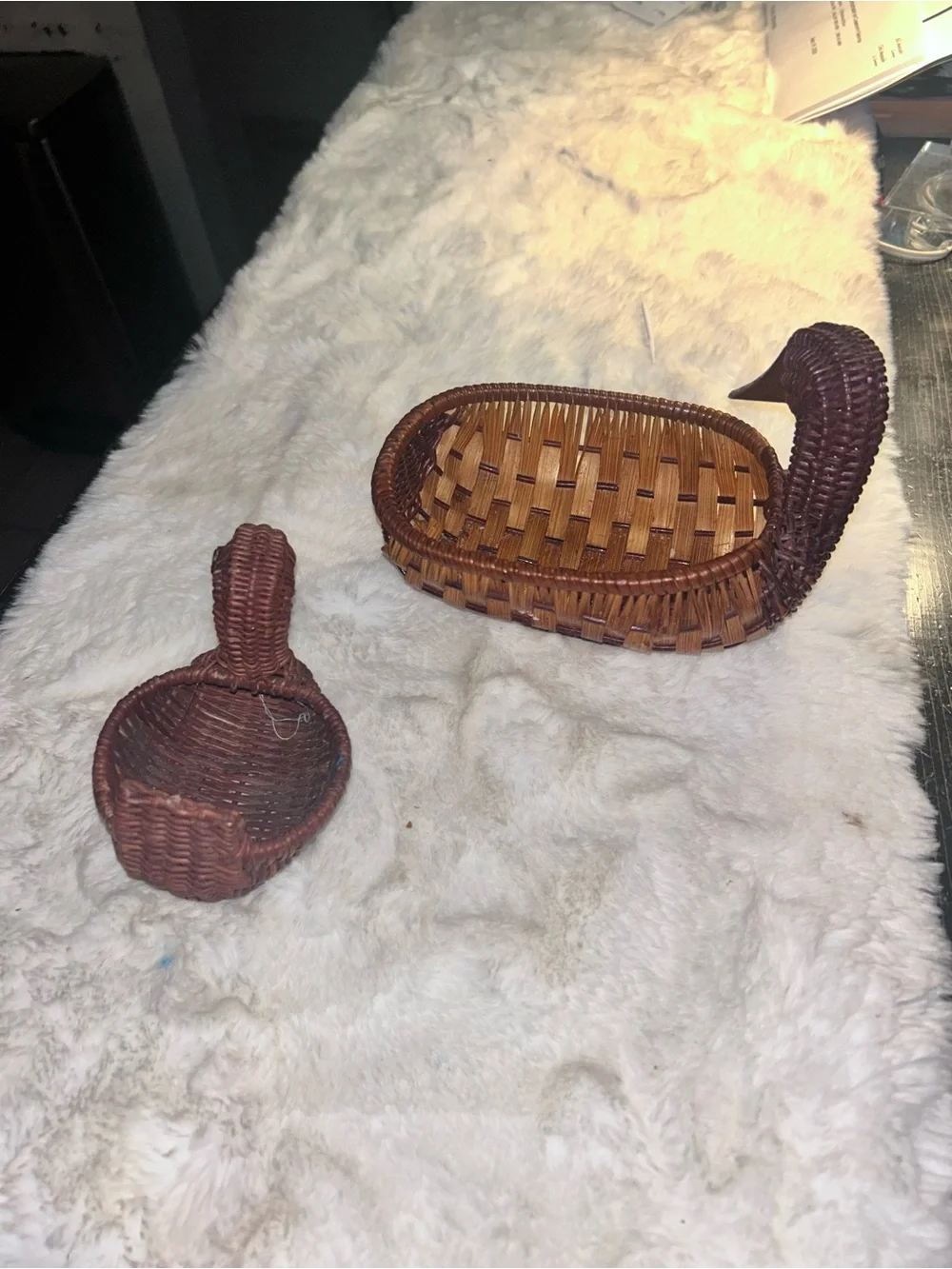 2 Vintage Brown Wicker Duck Baskets Spring Farmhouse Decor Wood Beaks